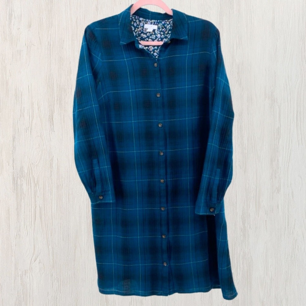 J. Jill Teal Blue S Plaid Cotton Flannel Button Front Shirt Dress Long Sleeve